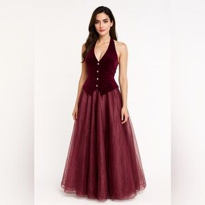 Vtg Dave & Johnny Velour Halter‎ Gown Size 9/10 Mesh Formal Party Prom